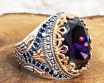 PYTALI Men's Amethyst Ring – S925 Sterling Silver Handmade Vintage Ottoman Style Ring, Sizes 4-16 - View #3