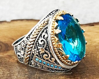 Handmade Aquamarine Ring: Turkish 925 Sterling Silver Ottoman Style