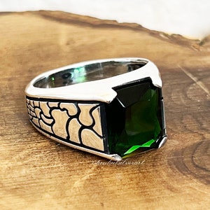 Mens Handmade Ring, Turkish Handmade Silver Men Ring, Ottoman Mens Ring, Emerald Ring, Cubic zircon, Gift for Him, 925k Sterling Silver Ring