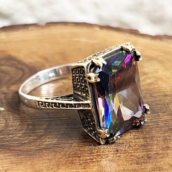 Handmade Ring Women, Turkish Handmade Silver Ladies Ring, Ottoman Ring, Mystic Topaz Ring, Cz Stone, 925k Sterling Silver Ring