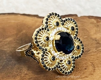 Handmade Ring Women, Turkish Handmade Silver Ladies Ring, Ottoman Ring, Sapphire Topaz Ring, Cz Stone, 925k Sterling Silver Ring