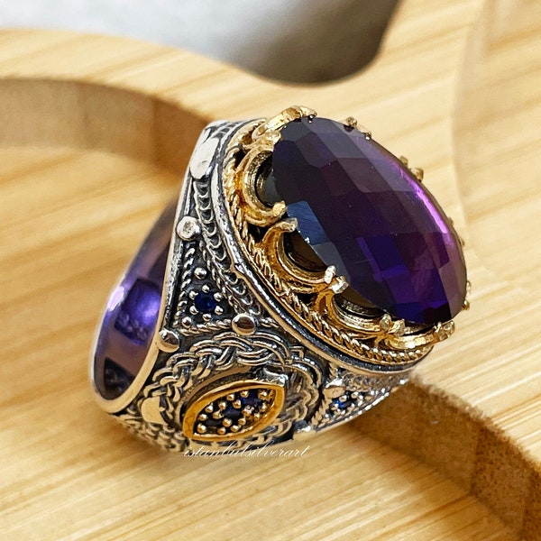 Handmade Ottoman Amethyst Ring, 925 Sterling Silver, Gift for Him