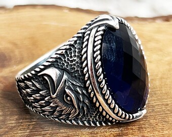 Handmade Sterling Silver Eagle Ring: Sapphire Ottoman Mens Ring - Etsy