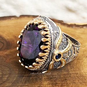 Mens Handmade Ring, Turkish Handmade Silver Men Ring, Ottoman Mens Ring, Amethyst Ring, Men Ring, Gift for Him, 925k Sterling Silver Ring