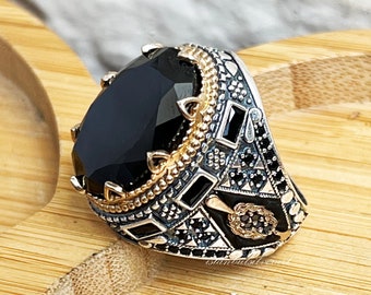 Handmade Ottoman Onyx Ring: 925 Sterling Silver, Bronze Mens Ring