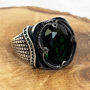 Mens Handmade Ring, Turkish Handmade Silver Men Ring, Ottoman Mens Ring, Emerald Ring, Cubic zircon, Gift for Him, 925k Sterling Silver Ring