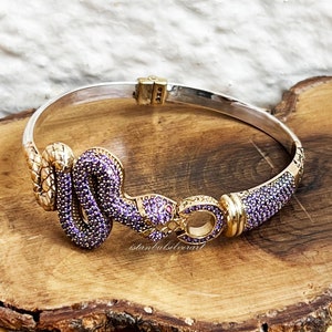 Handmade 925 Silver Snake Bangle: Amethyst Topaz Ottoman Bracelet