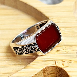 Handgefertigter Herrenring, türkischer handgefertigter Silber Herrenring, osmanischer Herrenring, roter Achat Herrenring, Herrenring, Geschenk für ihn, 925 Karat Sterlingsilber