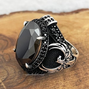 Mens Handmade Ring, Turkish Handmade Silver Men Ring, Onyx Ring, Ottoman Mens Ring, Eagle Ring, Gift for Him, 925k Sterling Silver Ring