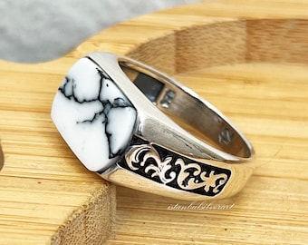 Handmade 925 Sterling Silver Men's Ring: White Agate Ottoman Design