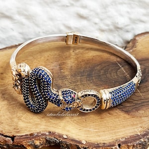Handmade 925 Silver Snake Bangle: Sapphire & Topaz Ottoman Bracelet