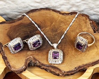 Handmade Sterling Silver Amethyst Ring Necklace Set: Ottoman Jewelry