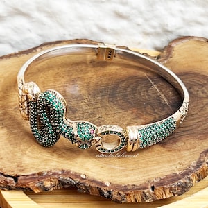 Handmade 925 Silver Snake Bangle: Emerald & Topaz Ottoman Bracelet