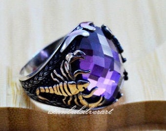 Scorpion ring, Handmade Sterling Silver Ring, Animal Wrap Ring, Jewelry Amethyst Scorpion Ring,  Mens Scorpion Ring, Sterling Silver 925K