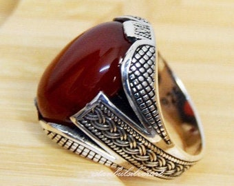 Mens Handmade Ring, Turkish Handmade Silver Men Ring, Ottoman Mens Ring, Red Agate Stone, Gift for Him, 925k Sterling Silver Ring