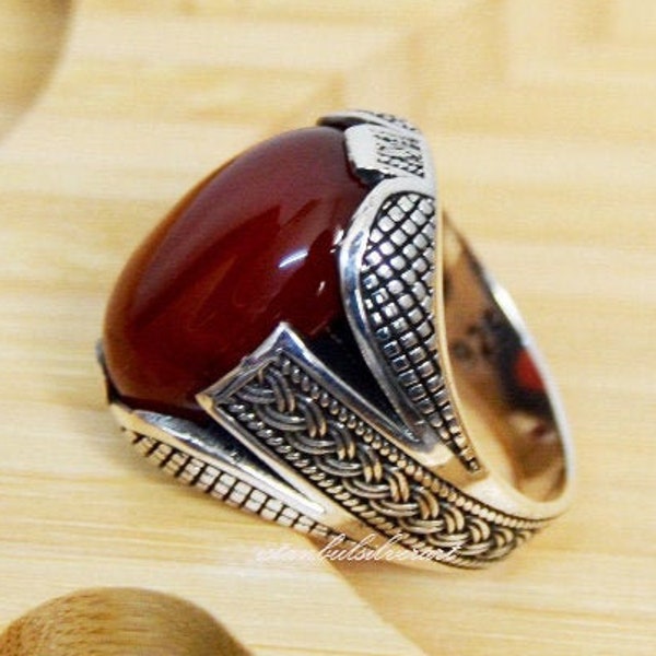 Mens Handmade Ring, Turkish Handmade Silver Men Ring, Ottoman Mens Ring, Red Agate Stone, Gift for Him, 925k Sterling Silver Ring