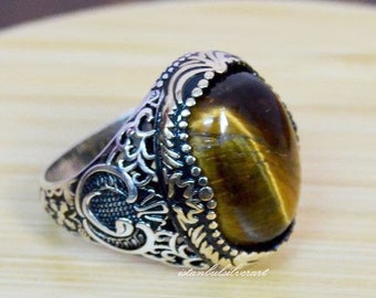 Mens Handmade Ring, Turkish Handmade Silver Men Ring, Ottoman Mens Ring, Tiger Eye Ring, Men Ring, Gift for Him, 925k Sterling Silver Ring