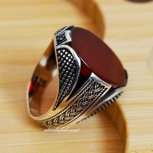 Mens Handmade Ring, Turkish Handmade Silver Men Ring, Ottoman Mens Ring, Red Agate Stone, Birthday Gift, 925k Sterling Silver Ring