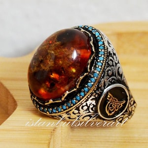 Mens Handmade Ring, Turkish Handmade Silver Men Ring, Ottoman Mens Ring, Amber Ring,  Gift for Him, 925k Sterling Silver Ring
