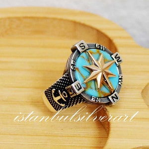 Mens Handmade 925 Sterling Silver Compass Turquoise Signet Ring