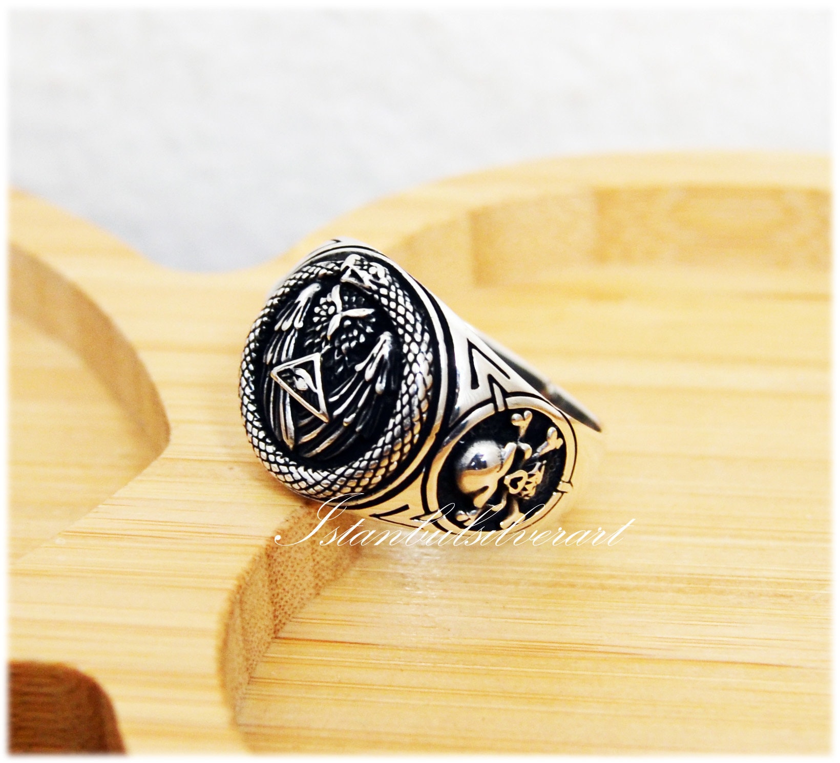 Handmade Sterling Silver Owl & Skull Ring: Turkish Ottoman Style