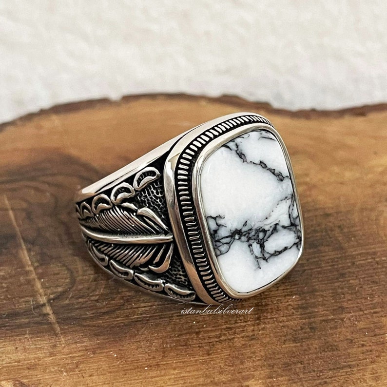 Mens Handmade Ring, Turkish Handmade Silver Men Ring, Ottoman Mens Ring, natural White Agate Stone, Gift for Him, 925k Sterling Silver Ring 