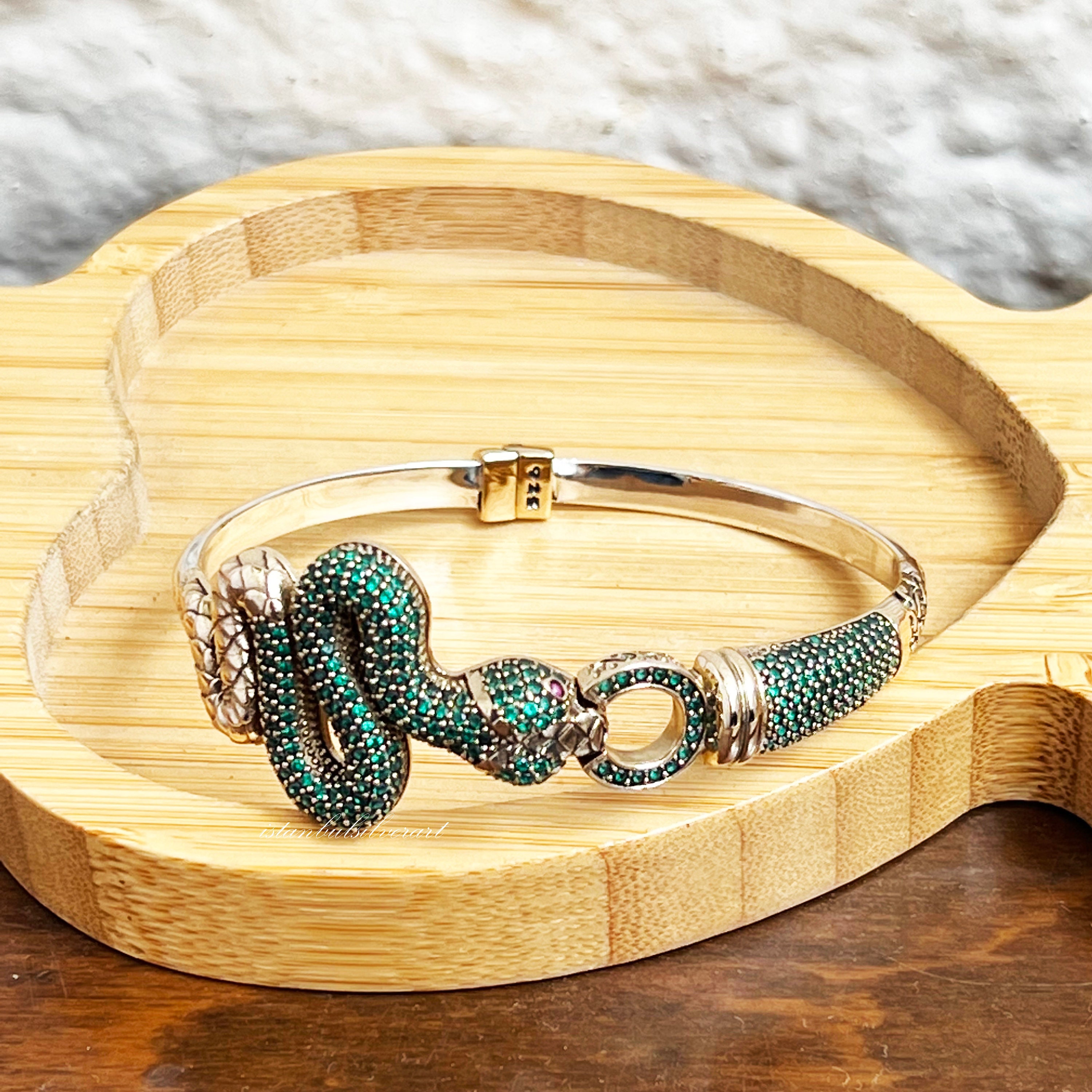 Turkish Handmade 925 Silver Bracelet, Snake, Women Vintage Silver Bangle  Bracelet, Emerald Topaz Stone, Ottoman Ladies Bracelet, Silver 925K 