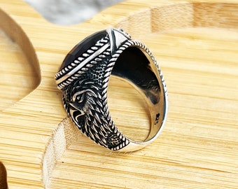 Handmade Sterling Silver Eagle Ring: Sapphire Ottoman Mens Ring