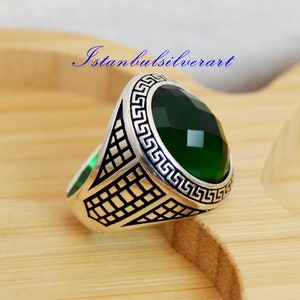 Mens Handmade Ring, Turkish Handmade Silver Men Ring, Ottoman Mens Ring, Emerald Ring, cubic zircon, Gift for Him, 925k Sterling Silver Ring