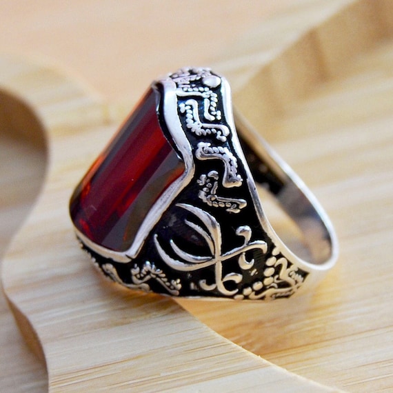 Turkish Handmade Silver Men Ring Mens Handmade Ring Ruby cubic zircon stone 925k Sterling Silver Ring Gift for Him Ottoman Mens Ring