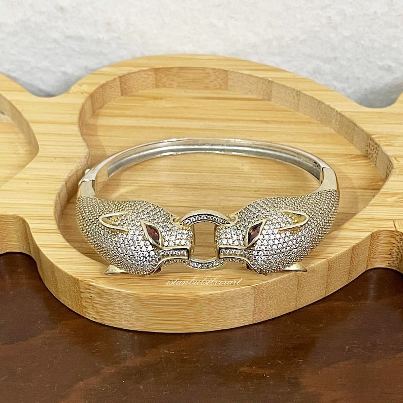 Cat Women Vintage Silver Bangle Bracelet Silver 925K Glittering Stone Turkish Handmade 925 Silver Bracelet Ottoman Ladies Bracelet
