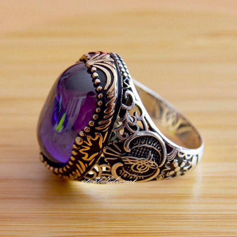 Mens Handmade Ring, Turkish Handmade Silver Men Ring, Ottoman Mens Ring, Amethyst Ring, Men Ring, Gift for Him, 925k Sterling Silver Ring 