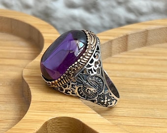 Anillo de amatista otomana hecho a mano: plata de ley 925, anillo de bronce para hombre