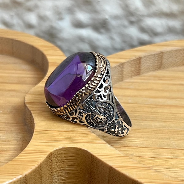 Handmade Ottoman Amethyst Ring: 925 Sterling Silver, Bronze Mens Ring