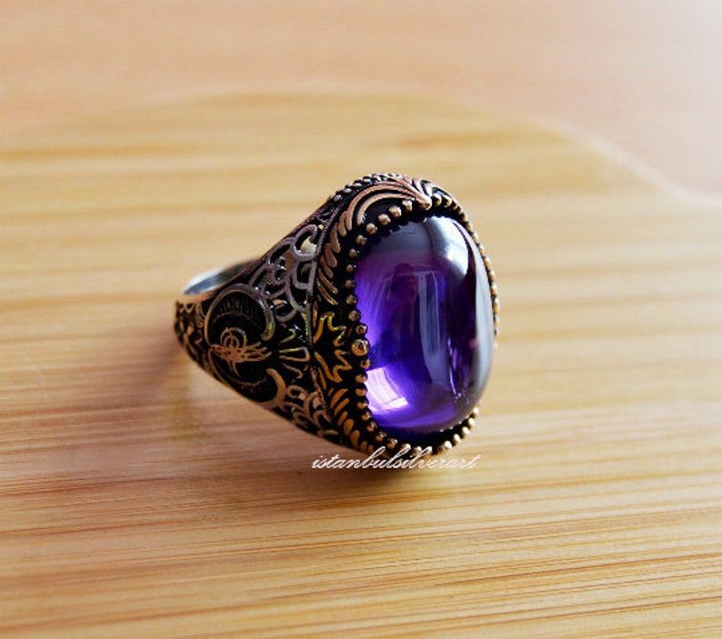 Mens Handmade Ring, Turkish Handmade Silver Men Ring, Ottoman Mens Ring, Amethyst Ring, Men Ring, Gift for Him, 925k Sterling Silver Ring image 2