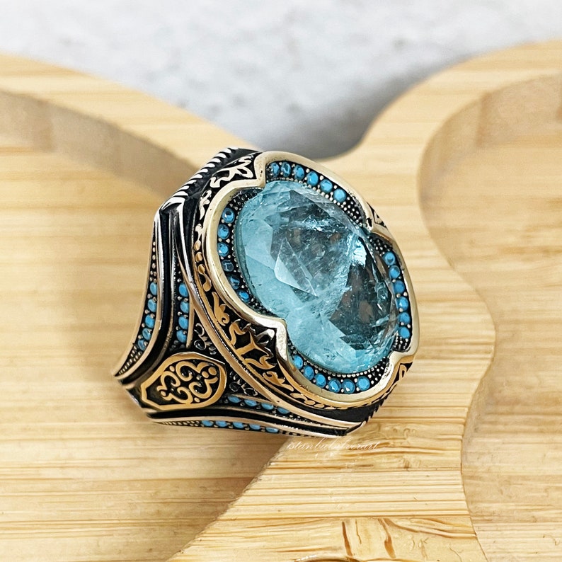 Mens Handmade Ring, Turkish Handmade Silver, Vintage Men Ring, Ottoman Men Ring, Aquamarine Ring, Gift for Him, 925k Sterling Silver Ring 
