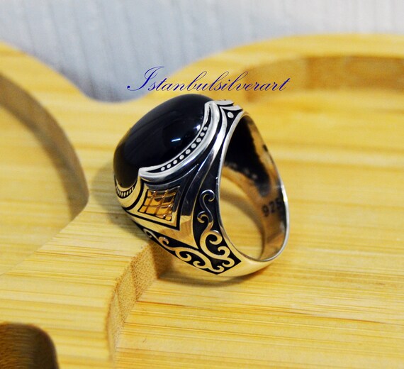 Handmade Ottoman Onyx Mens Ring: 925 Sterling Silver & Bronze