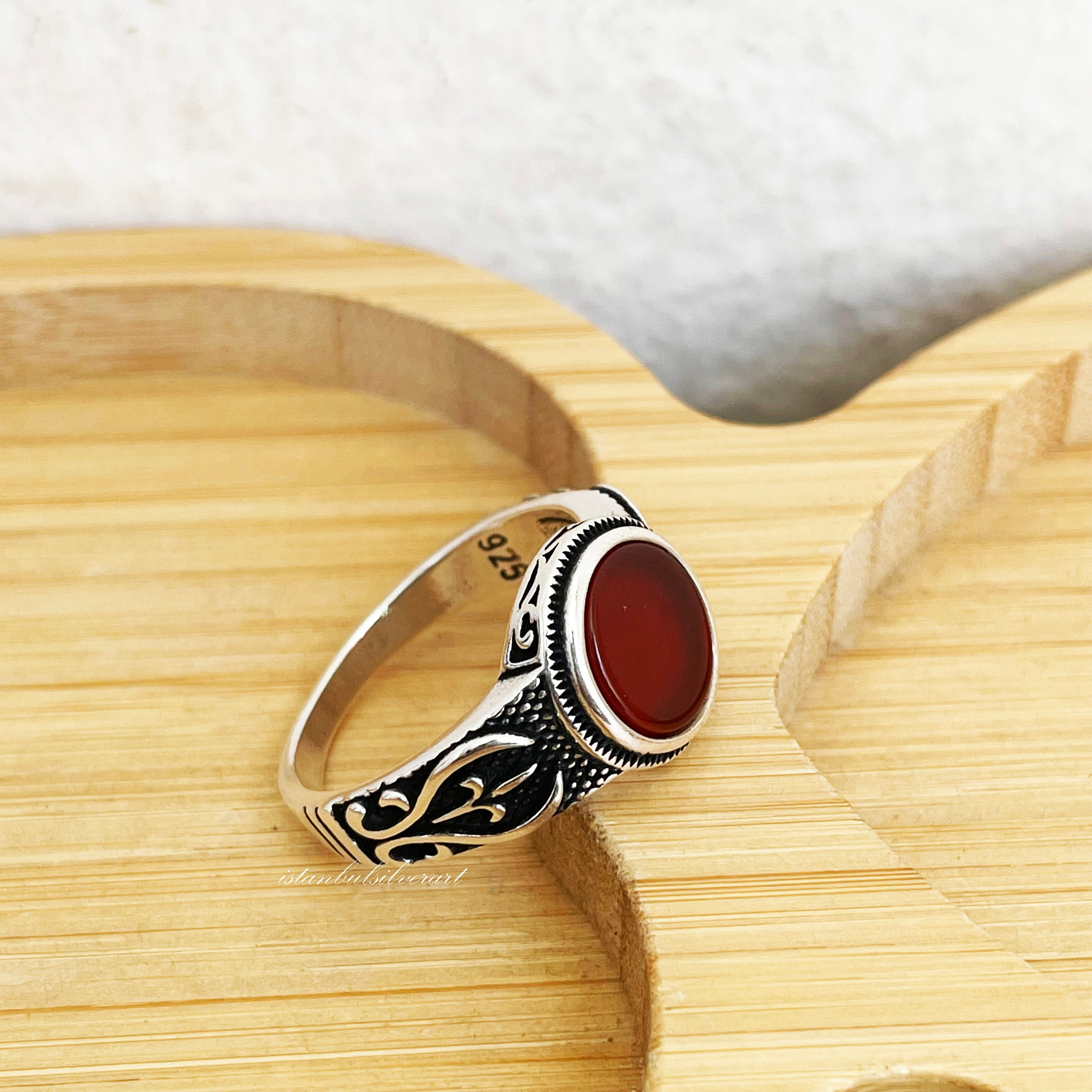 Handmade 925 Sterling Silver Mens Ring: Red Agate Ottoman Design