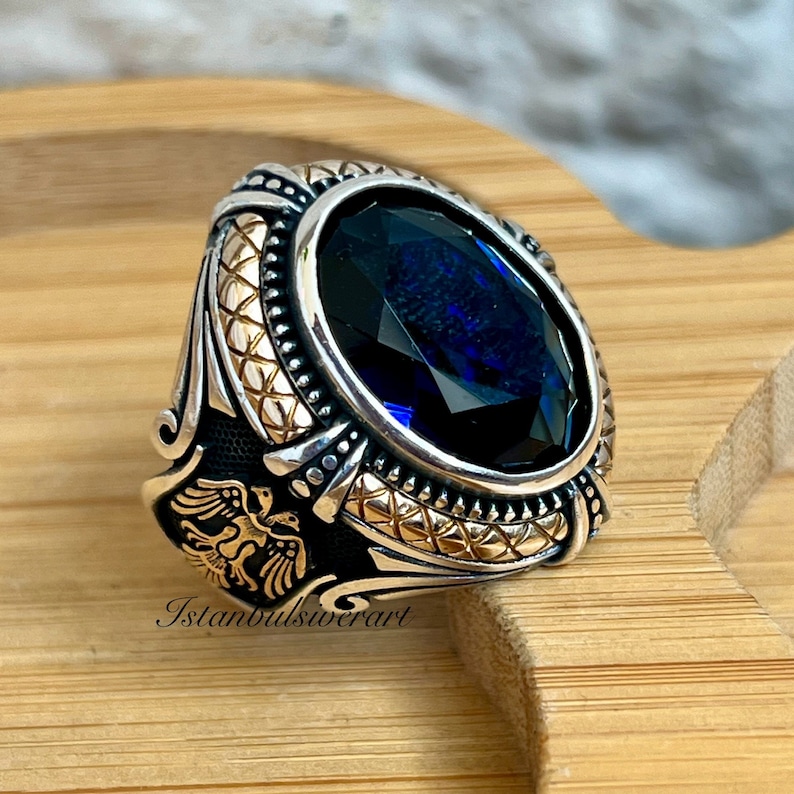 Anello fatto a mano da uomo, Anello dell'aquila turco fatto a mano, Anello da uomo ottomano, Anello con zaffiro, zircone cubico, Regalo per lui, Anello in argento sterling 925k immagine 3