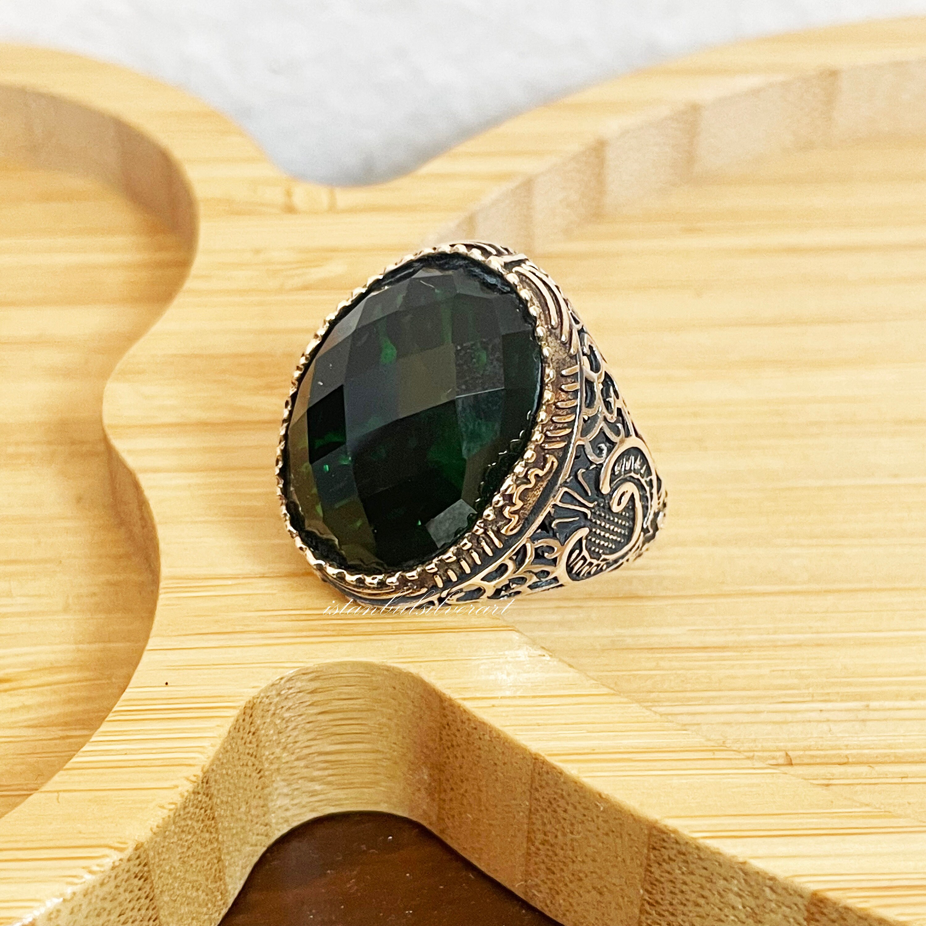KAR Sterling Silver Men's Ring - Emerald Agate Stone, Coat Of Arms Design (925K Stamped) - View #5