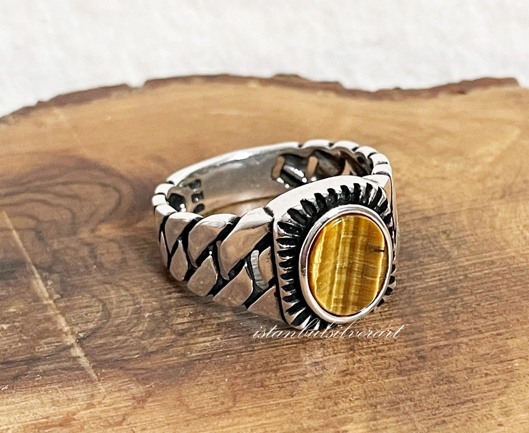 Handmade 925 Sterling Silver Men's Ring: Ottoman Tiger Eye Stone