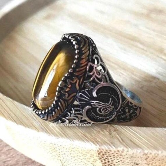 Bague pour homme ottomane faite main oeil de tigre, argent