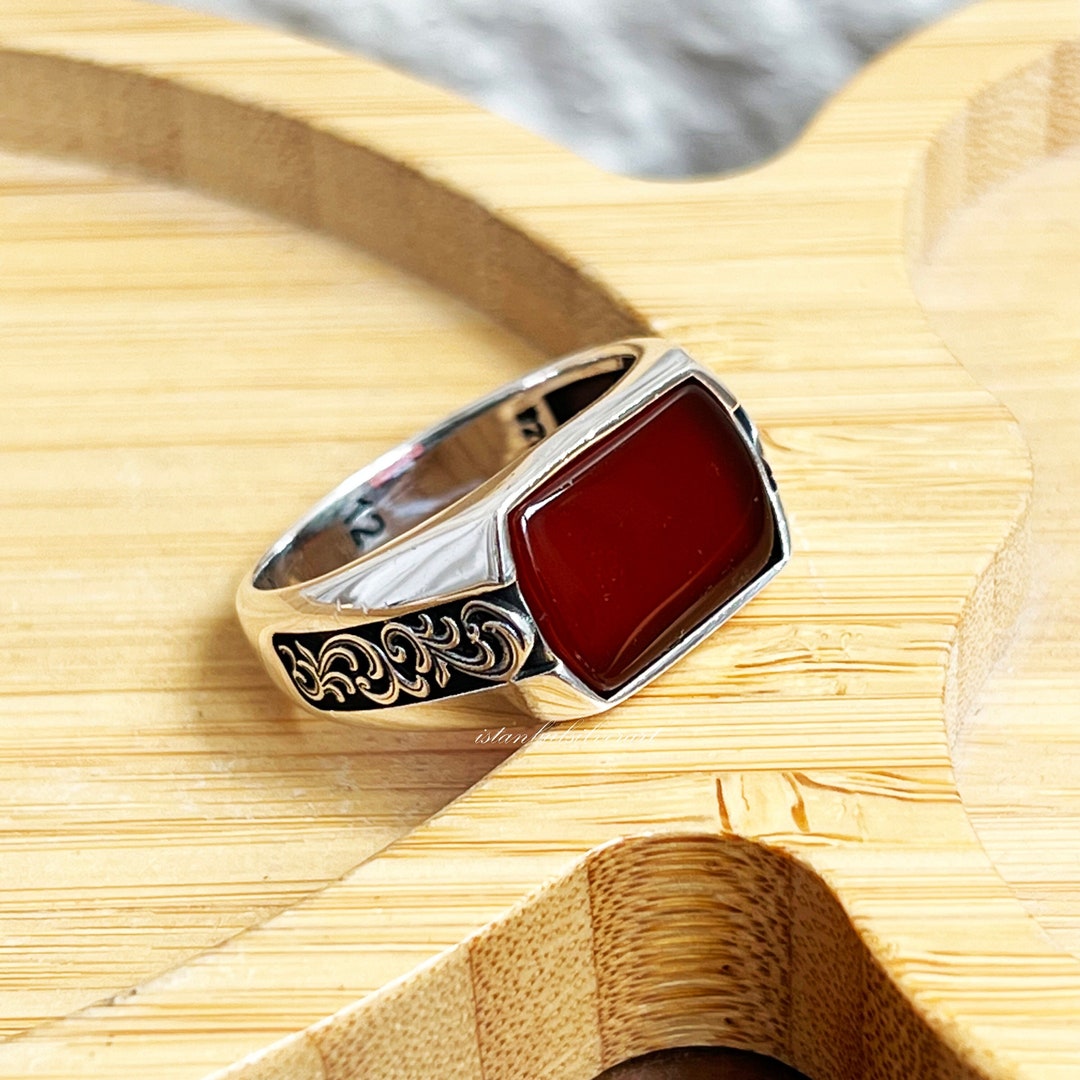 KAMBO Star Of David Men's Ring - 925K Sterling Silver With Natural Red Agate Gemstone, Handmade Bold Design