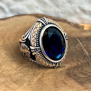 Anello fatto a mano da uomo, Anello dell'aquila turco fatto a mano, Anello da uomo ottomano, Anello con zaffiro, zircone cubico, Regalo per lui, Anello in argento sterling 925k immagine 6