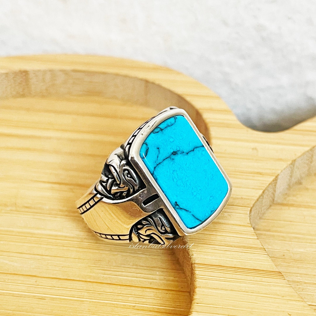 Myshiwu Sterling Silver Turquoise Ring For Men | Vintage Signet Style, Sizes 8-9.5, Handcrafted With Artificial Turquoise - View #4
