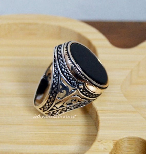 Fathers Day Gift Onyx Sterling Silver Mens Ring,ottoman figure handmade jewelry