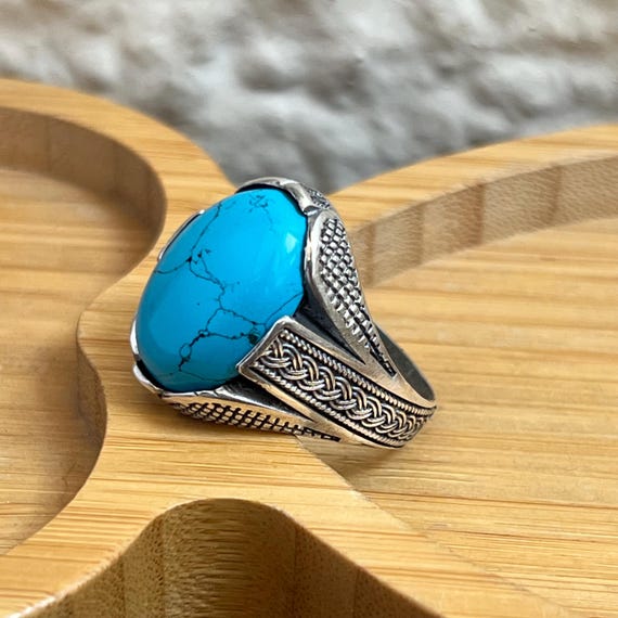 ハンドメイドターコイズスターリングシルバーメンズリング：オスマン