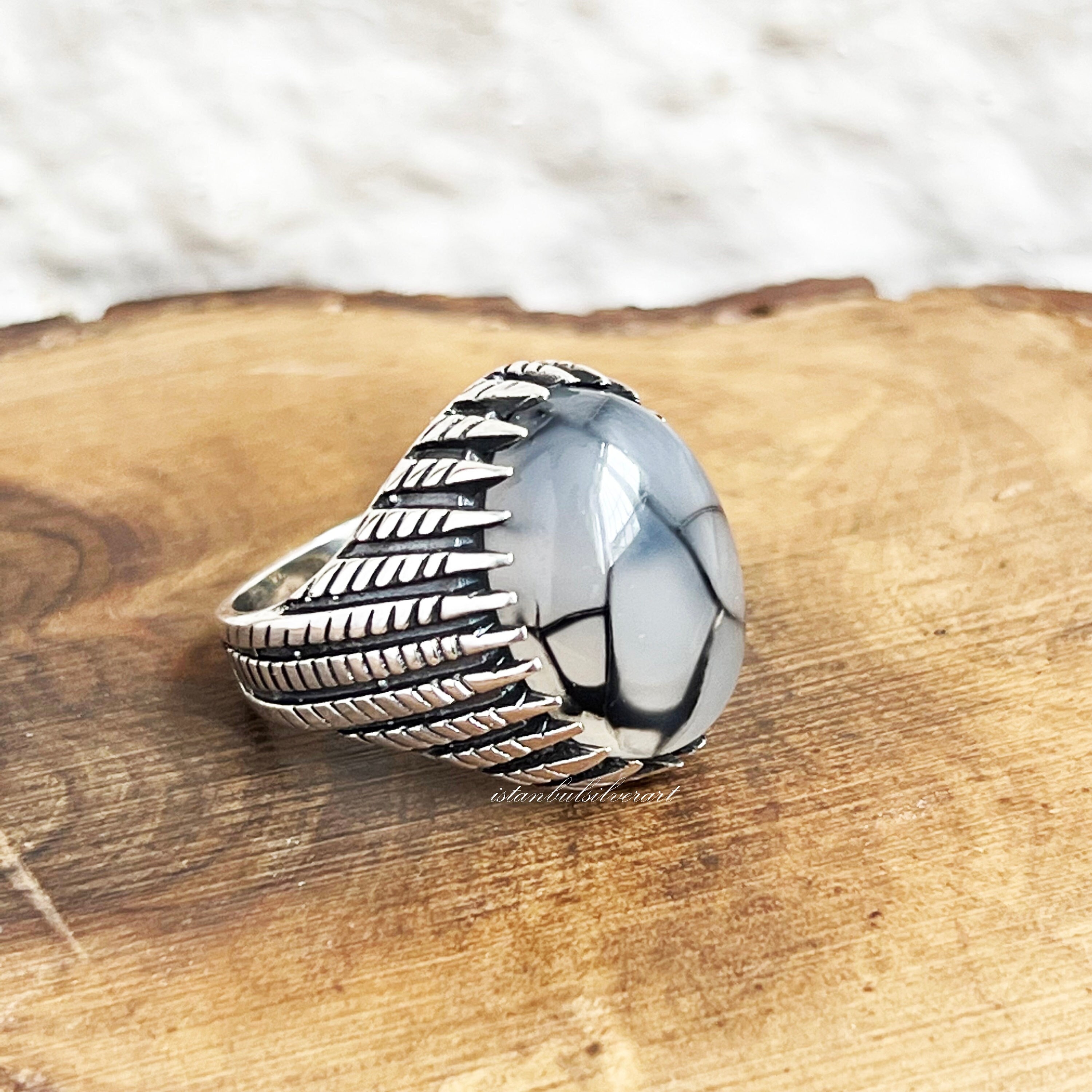 Handmade 925K Sterling Silver Mens Ring: Spider Agate Ottoman
