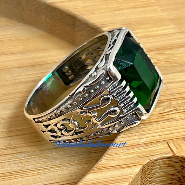 Mens Handmade Ring, Turkish Handmade Silver Men Ring, Ottoman Mens Ring, Emerald Ring, Cubic zircon, Gift for Him, 925k Sterling Silver Ring