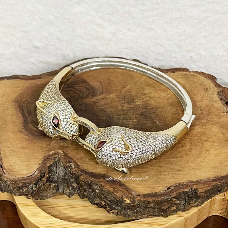 Cat Women Vintage Silver Bangle Bracelet Silver 925K Glittering Stone Turkish Handmade 925 Silver Bracelet Ottoman Ladies Bracelet